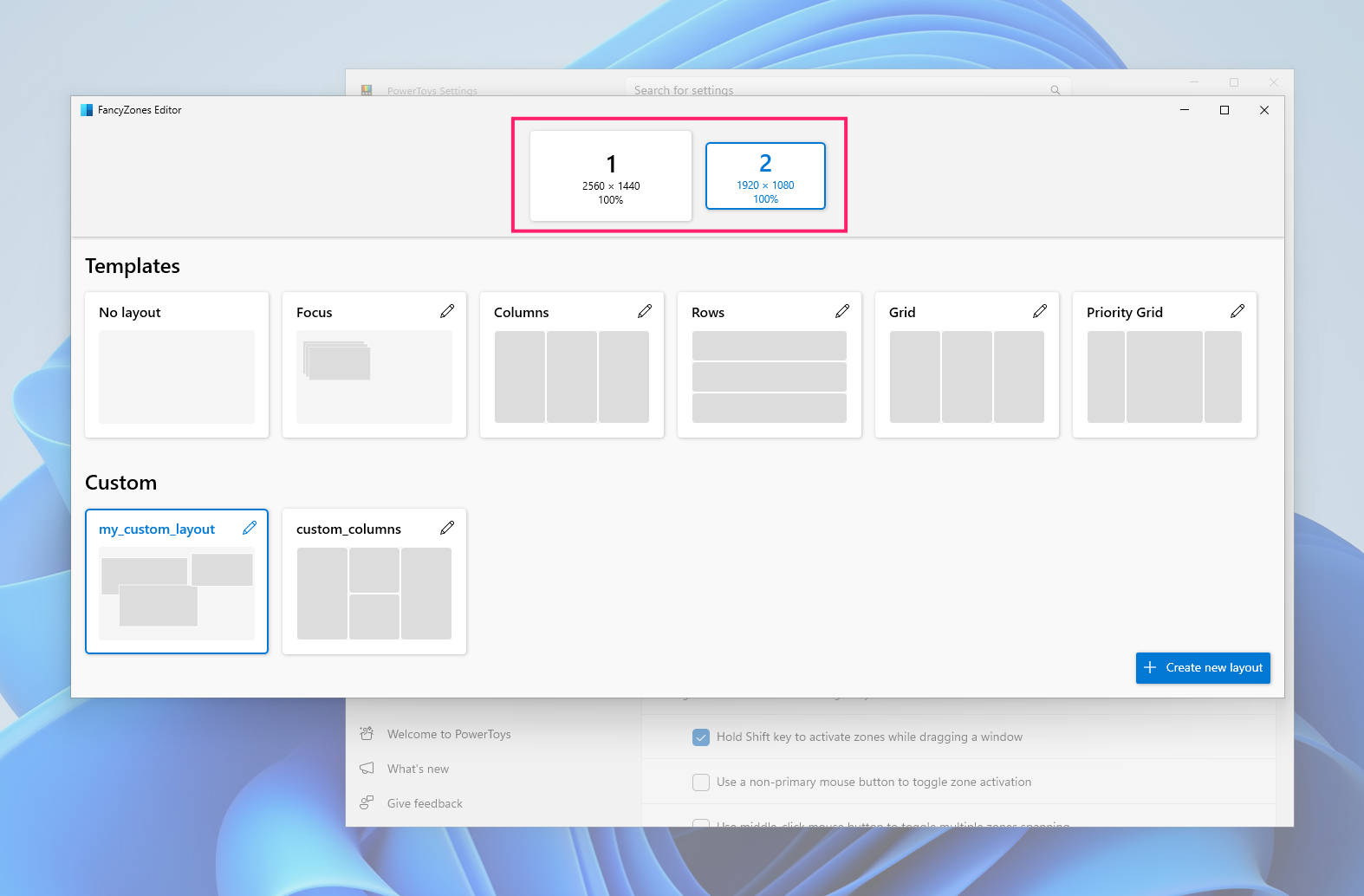 Layout zones for different monitors