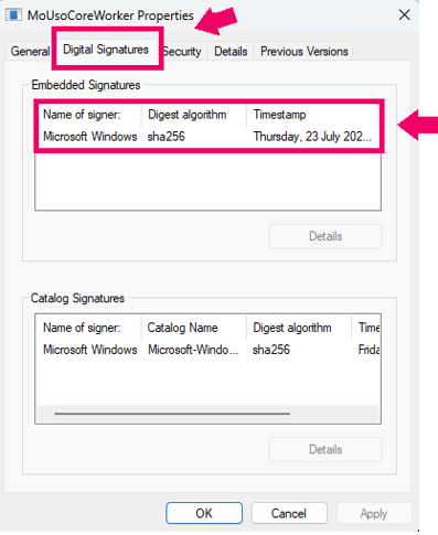 MoUsoCoreworker Digital Signature tab
