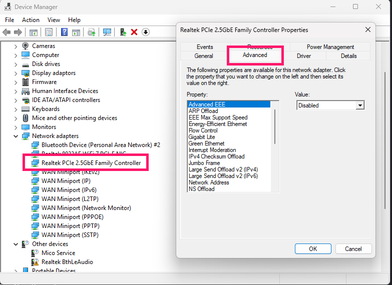 Network adapter properties in Device Manager Network adapter properties in Device Manager