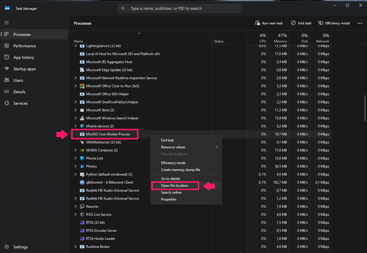 Open file location from Task Manager