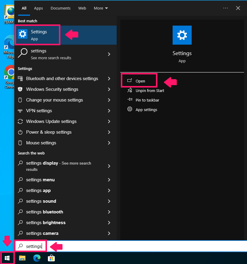 Open settings on Windows 10 Open settings on Windows 10