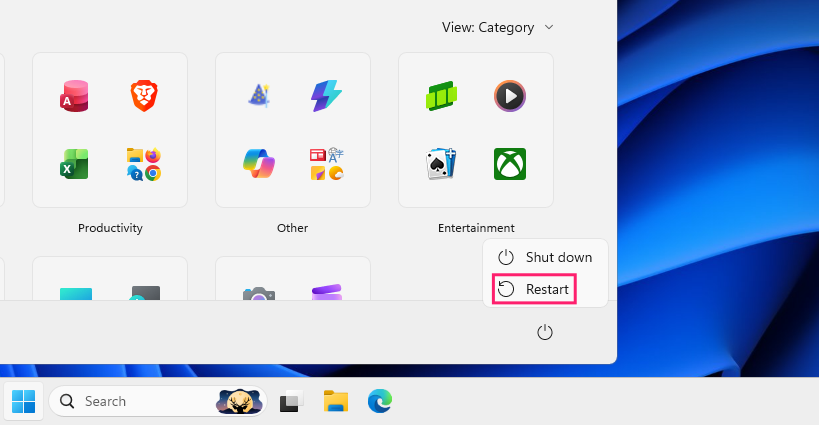 Power button on Start menu Power button on Start menu