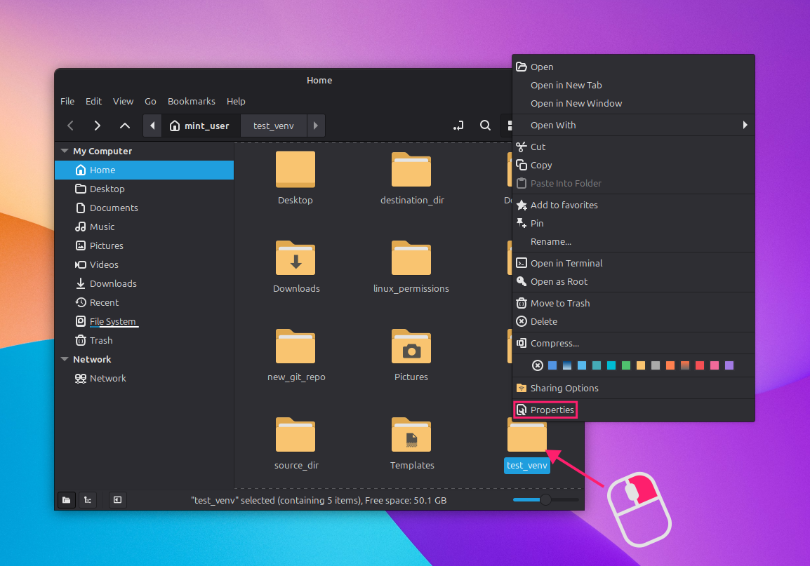 Properties menu in file manager Properties menu in file manager