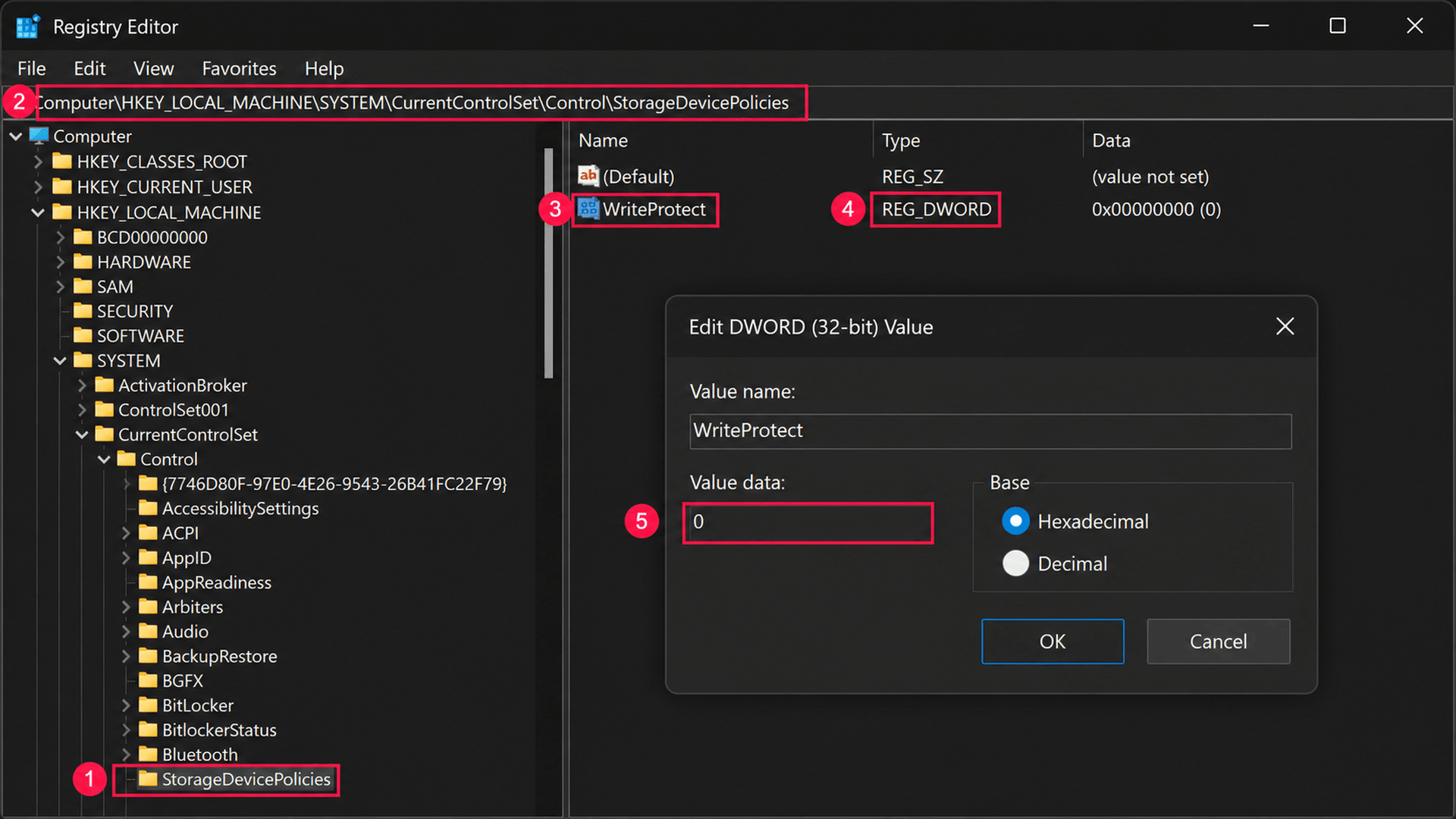 Remove USB write protection in Registry Editor