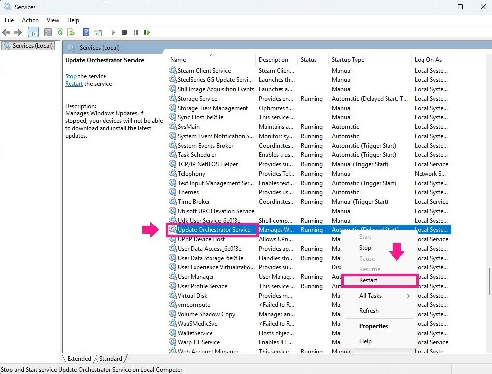 Restart Update Orchestrator Service