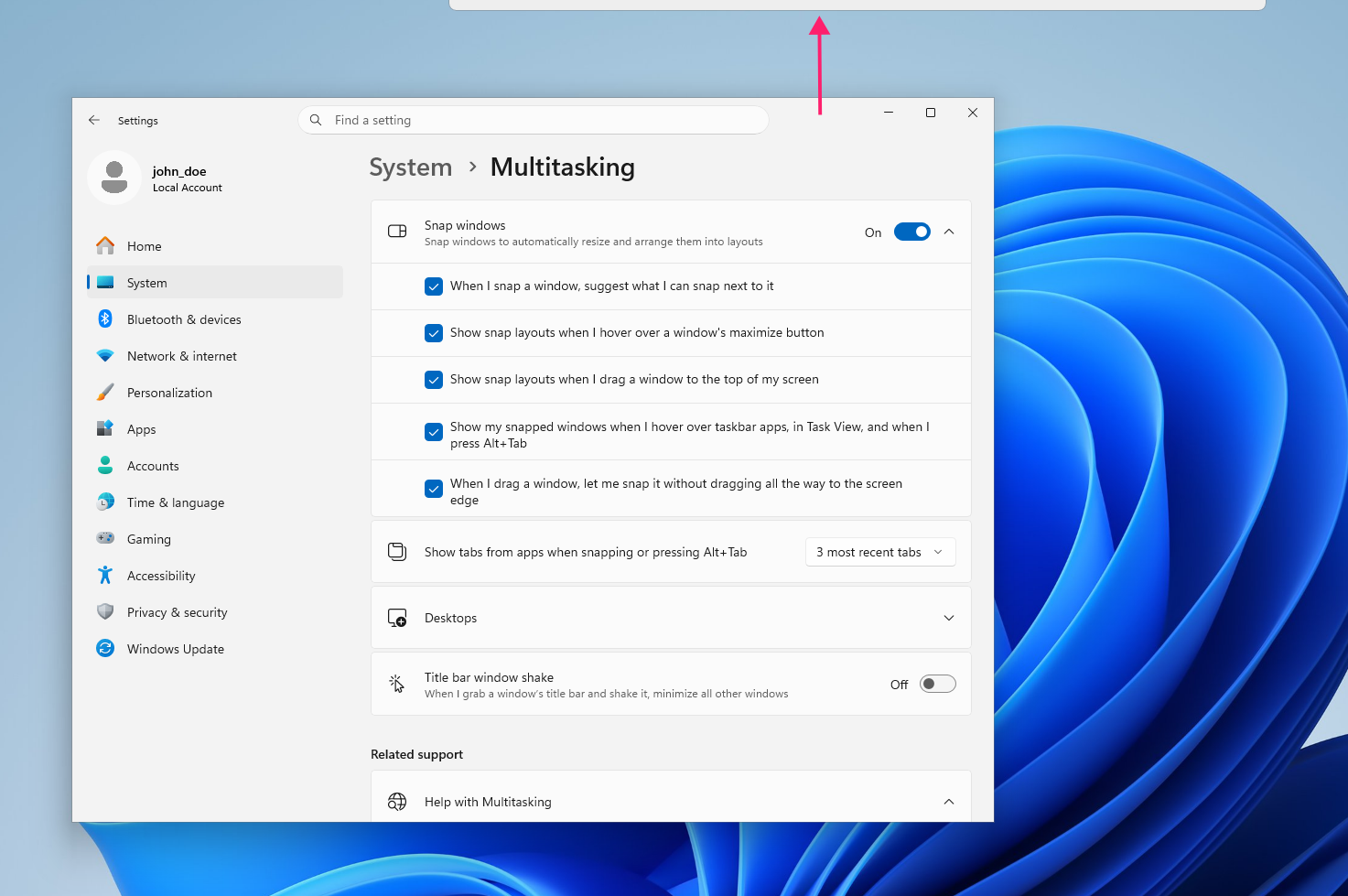Show snap layouts when I drag a window to top of screen