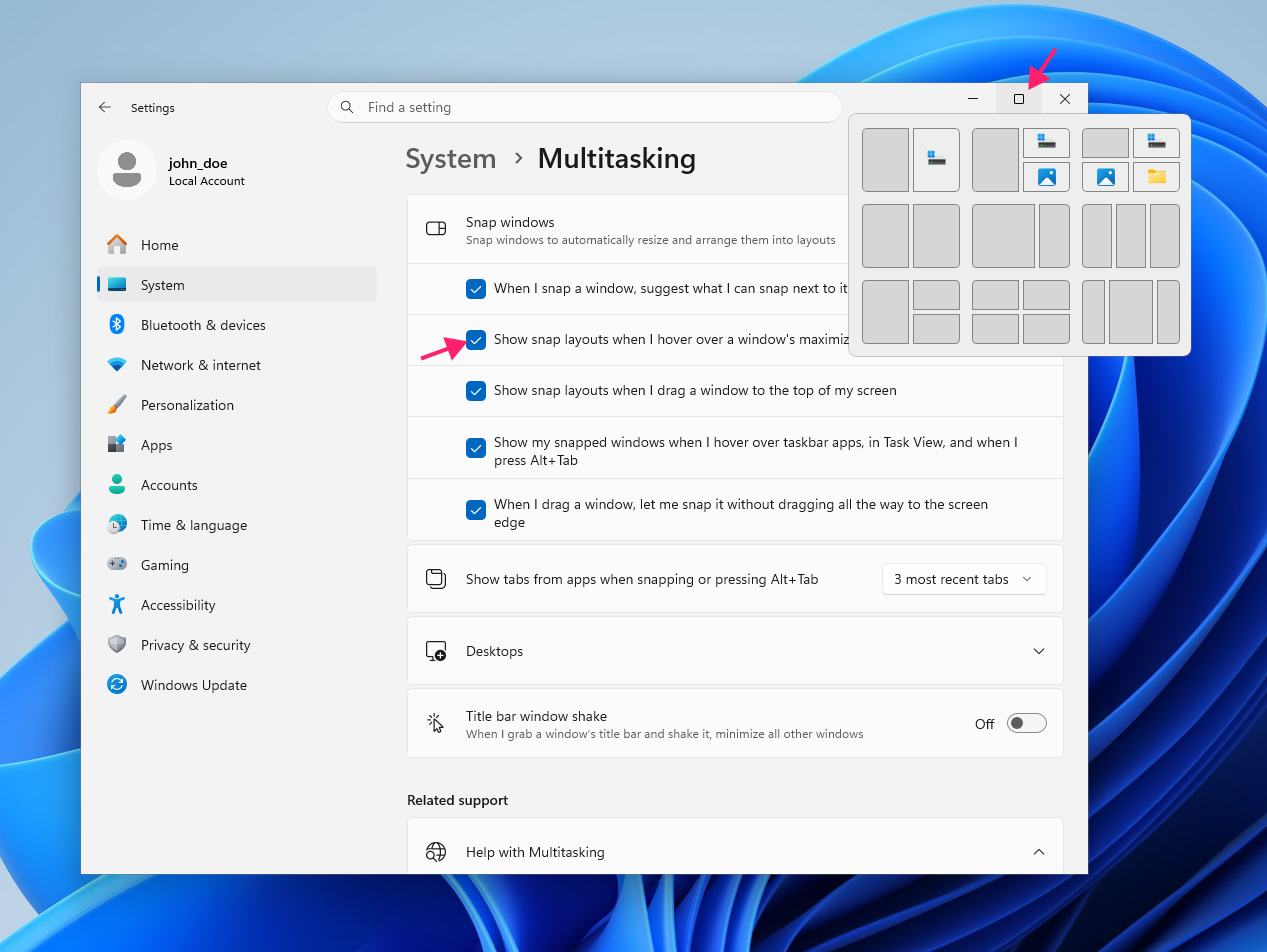 Show snap layouts when I hover over a window's maximize button