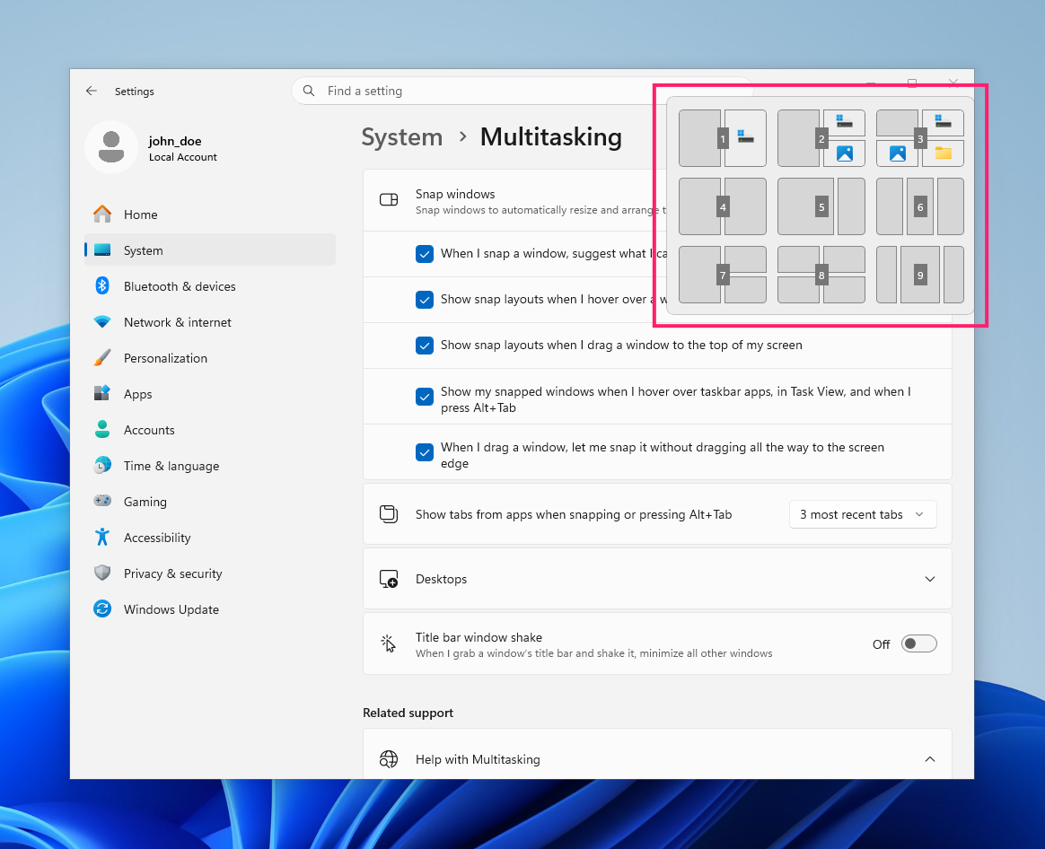 Snap Layouts picker Windows 11