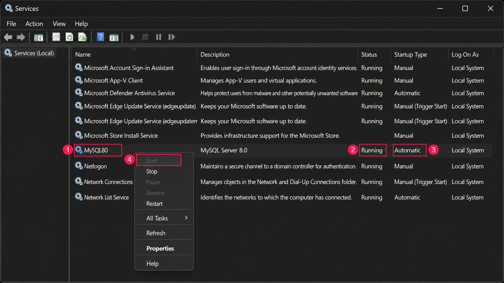 Start MySQL service in Microsoft Services