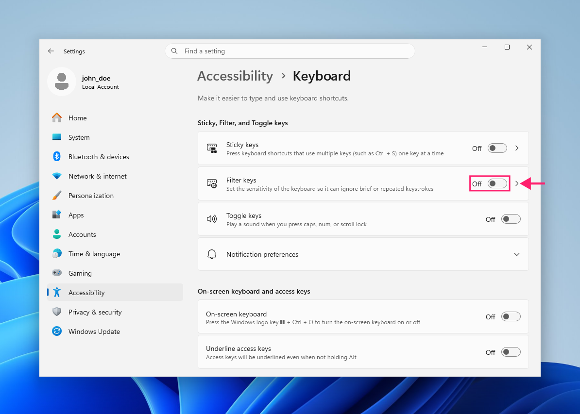 Toggle filter keys off Toggle filter keys off