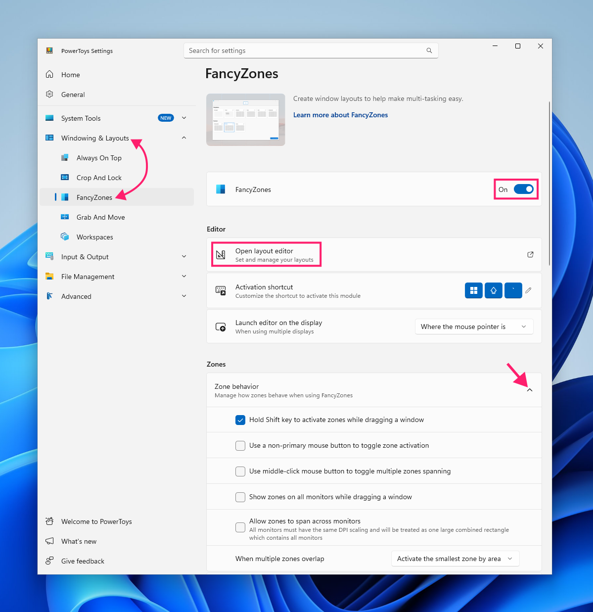 Toggle on FancyZones in PowerToys
