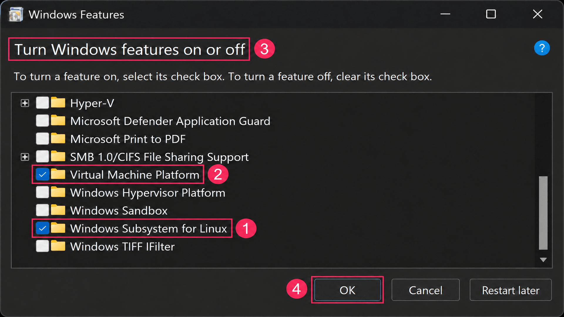 Turn Windows features on and off in Control Panel