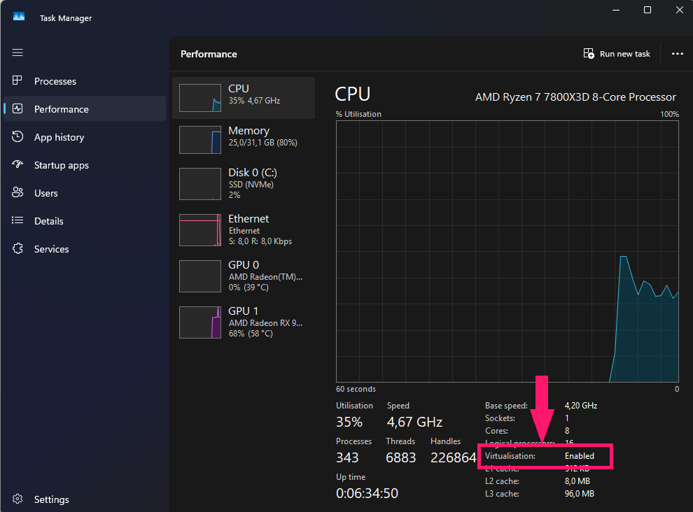 Virtualization enabled in Task Manager