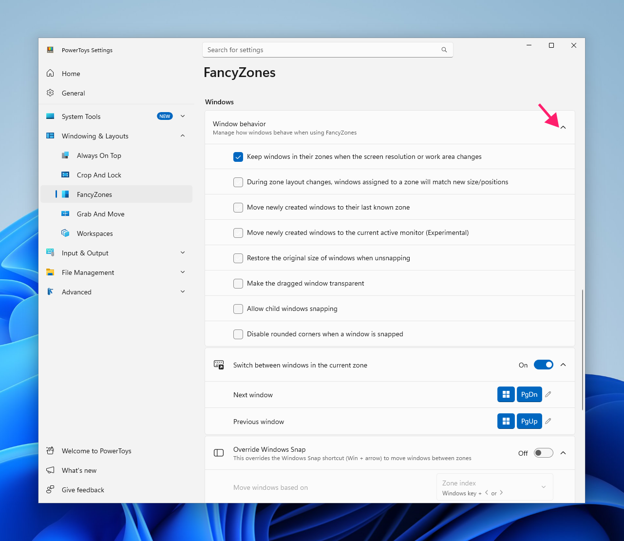 Window behavior in FancyZones