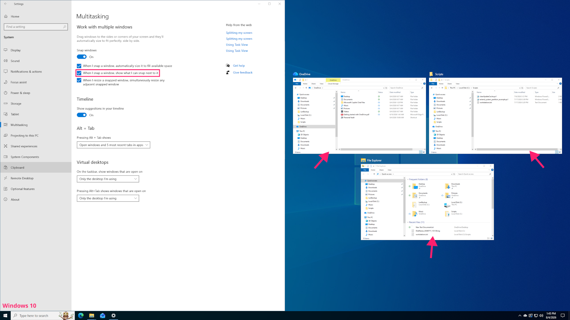 Windows 10 Snap Assist settings