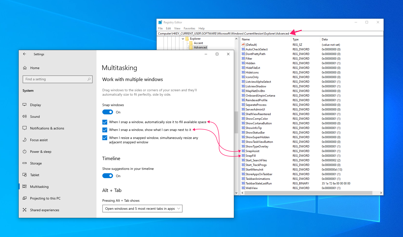 Windows 10 registry key for snap windows