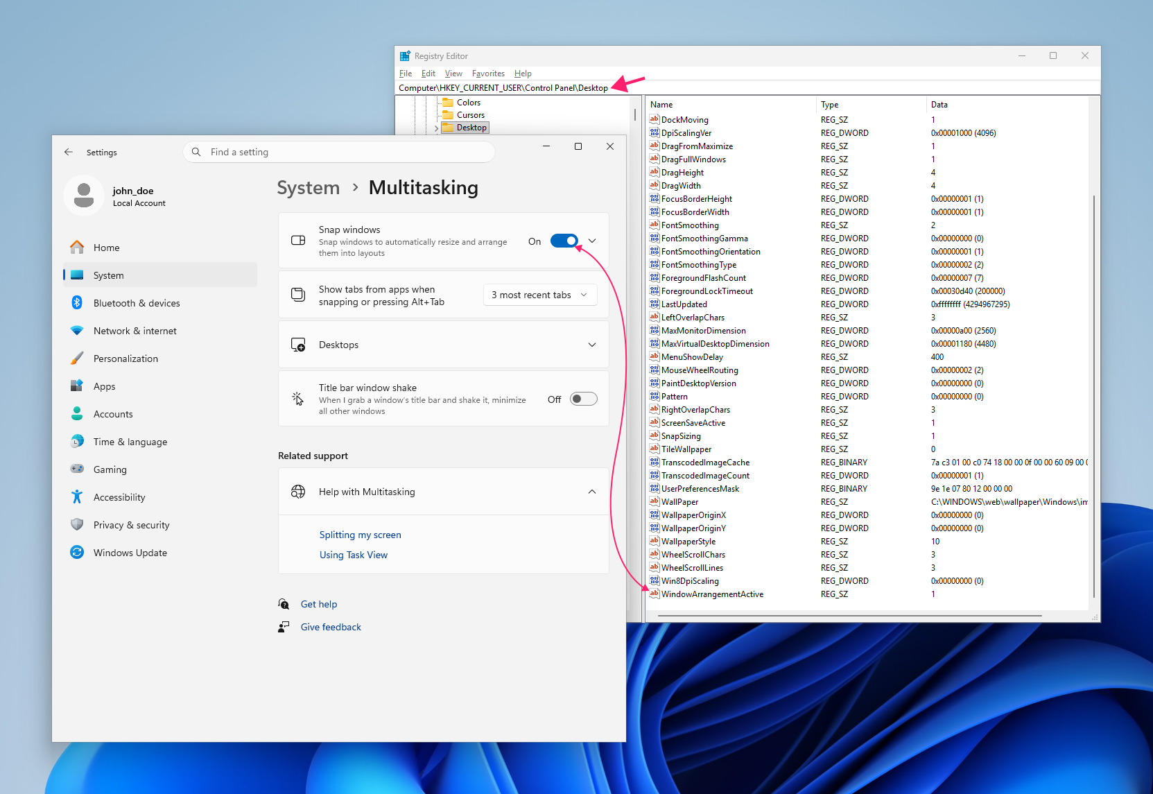 Windows 11 registry key for Snap windows
