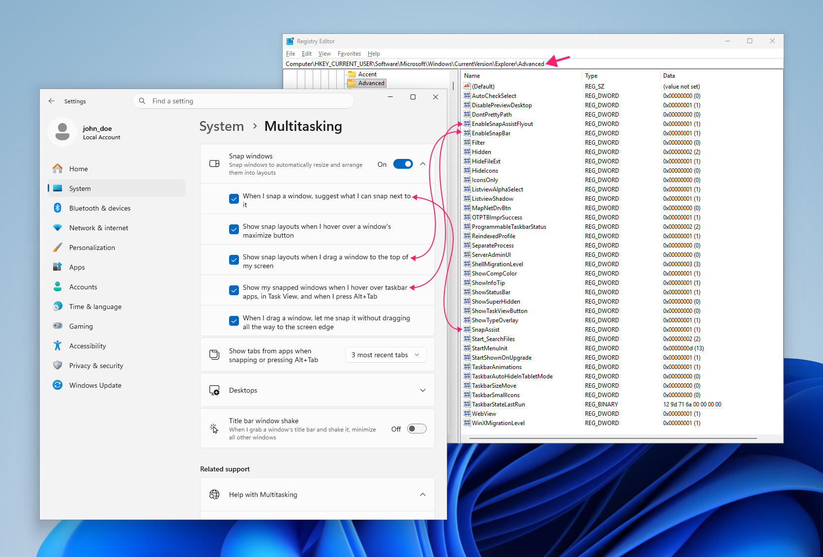 Windows 11 registry keys for multitasking options
