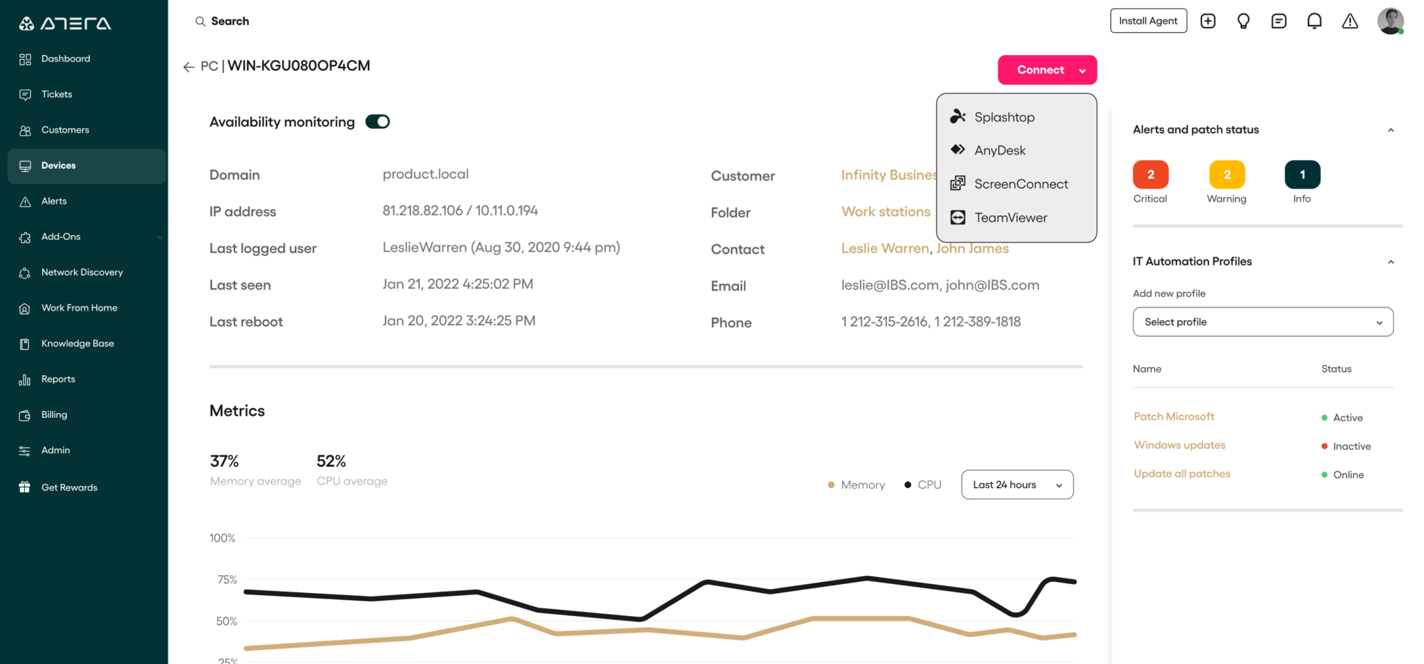 Atera’s admin dashboard remote access A screenshot of Atera's remote access connection