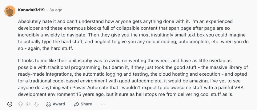 a screenshot of a Reddit thread from a Power Automate customer
