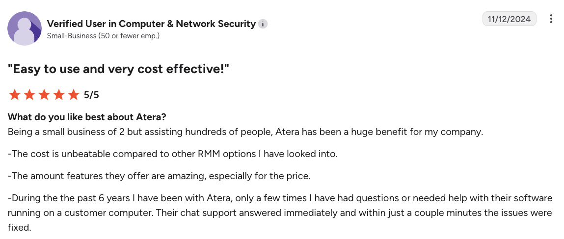 A screenshot of Atera customer review on G2