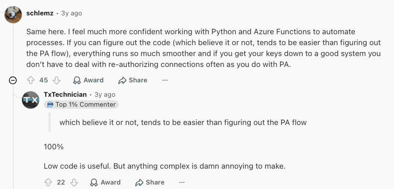 A screenshot from Power Automate customer on Reddit