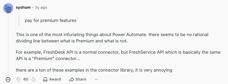 A screenshot from Power Automate user on Reddit