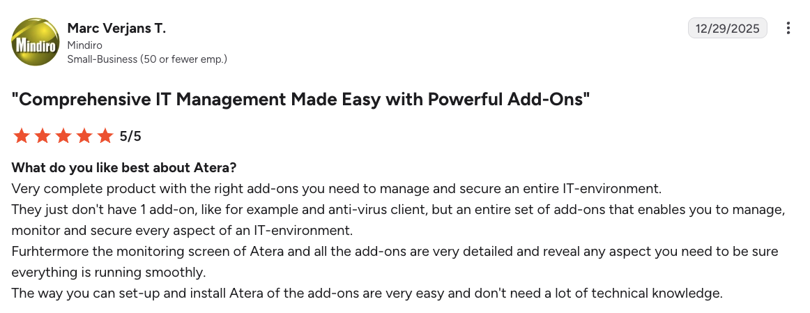 A screenshot from Atera user on G2 commenting about user support