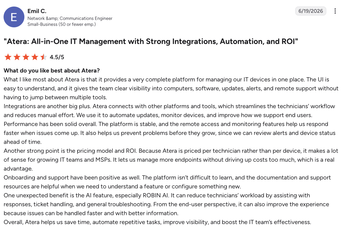 A screenshot of user writing about his experience on Atera on G2