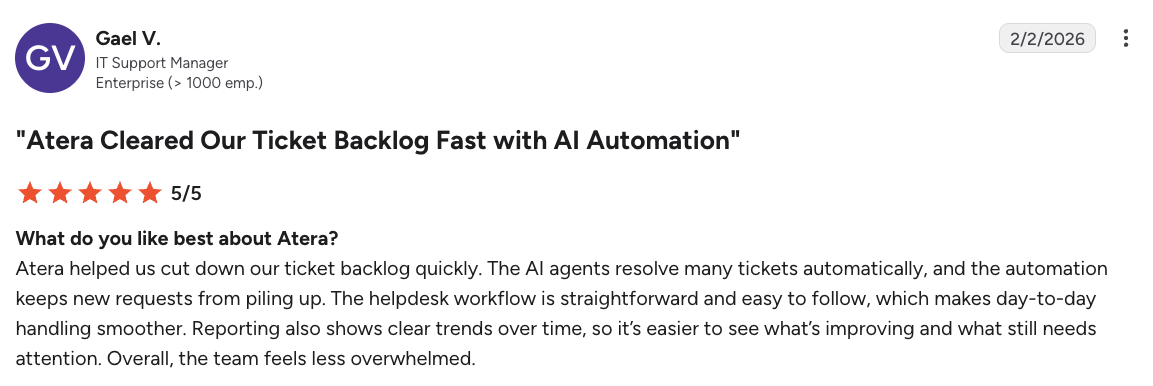 A screenshot of a customer telling the benefits of Atera's AI