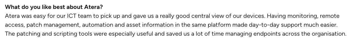 Atera review from a user on G2 A screenshot of Atera user from G2 commenting on it's features