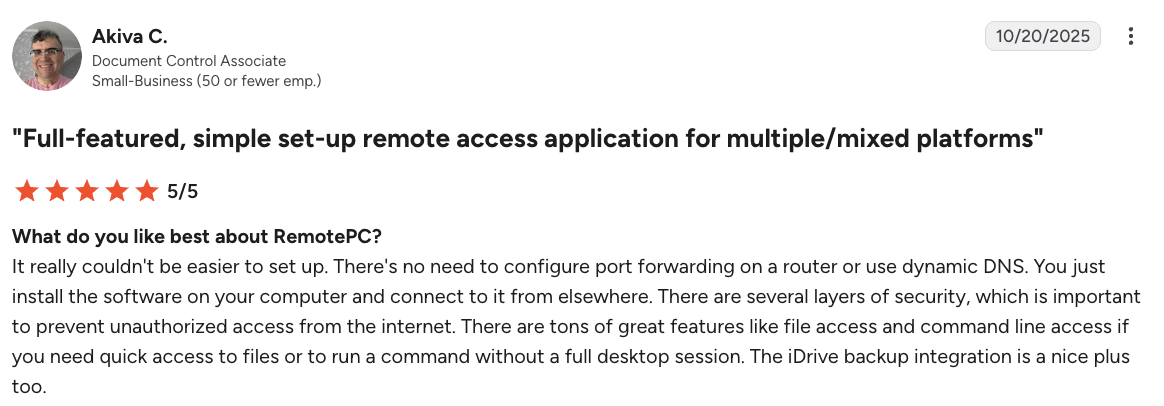 G2 review for RemotePC A screenshot of a customer reviewing RemotePC on G2