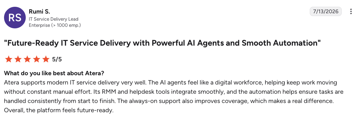 Atera G2 comment A screenshot of Atera customer praising the AI agents