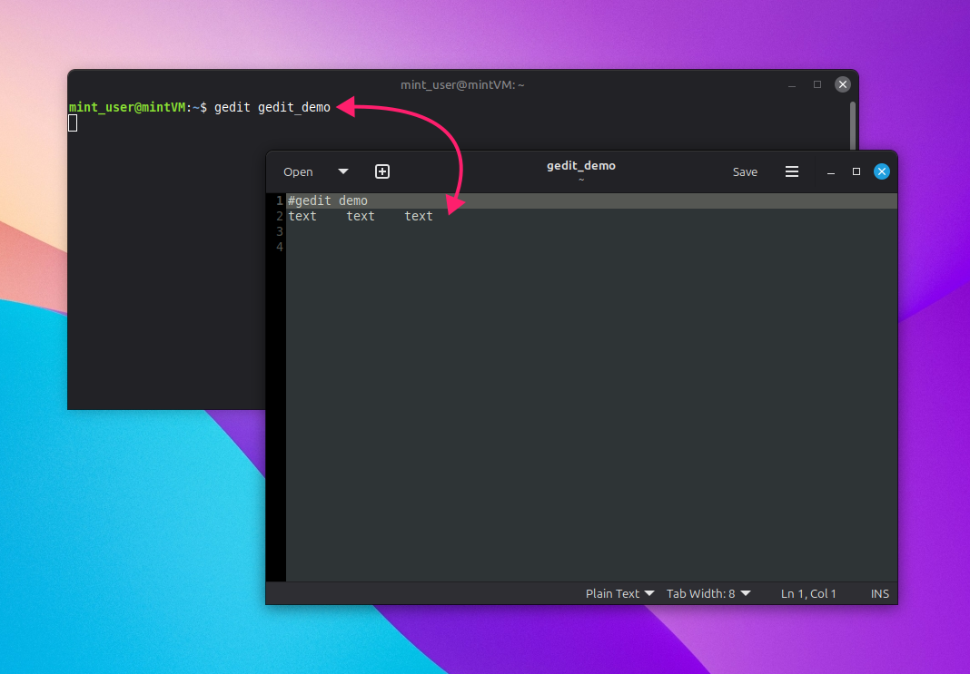 gedit command in GUI editor gedit command in GUI editor