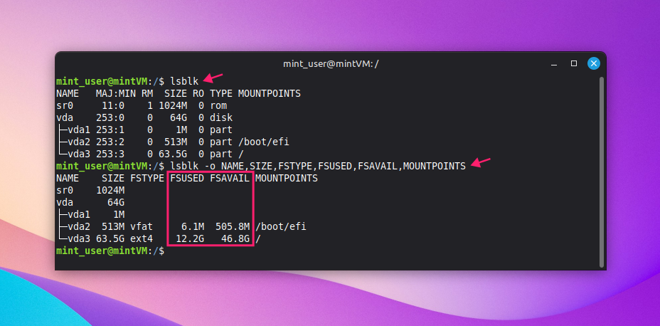 lsblk command to check space per partition lsblk command to check space per partition