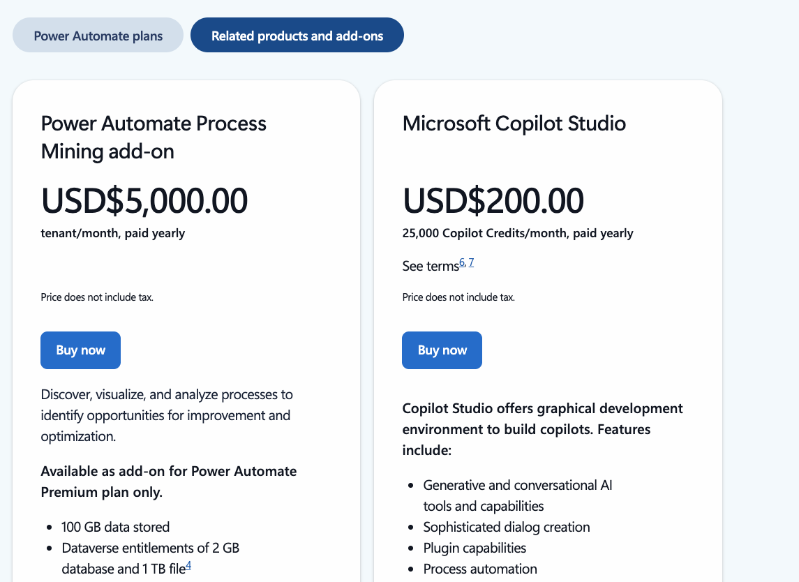 a screenshot of two pricing cards for microsoft power automate add-ons