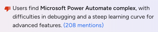 A screenshot with a review that reads, users find microsoft power automate complex to use