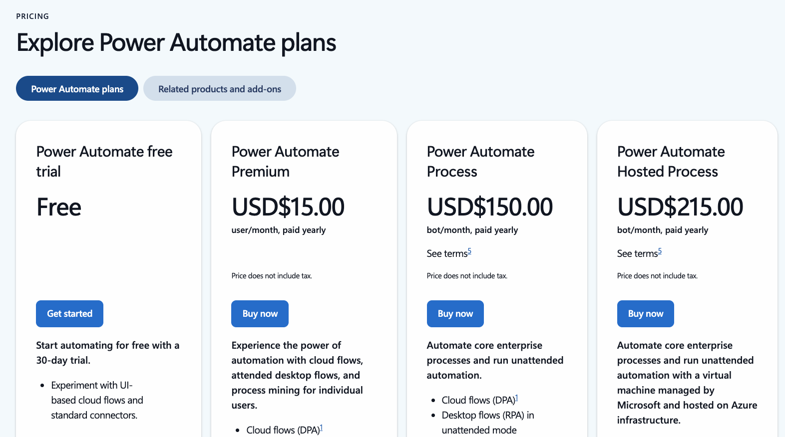 a screenshot of the power automate pricing plans page