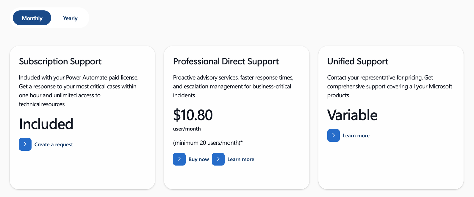 A screenshot of Microsoft's page for Power Automate support plans