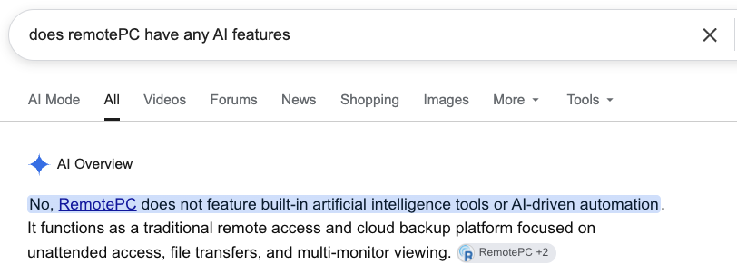 Google’s AI overview question and answer A screenshot of asking Google's AI if remotePC has any AI features