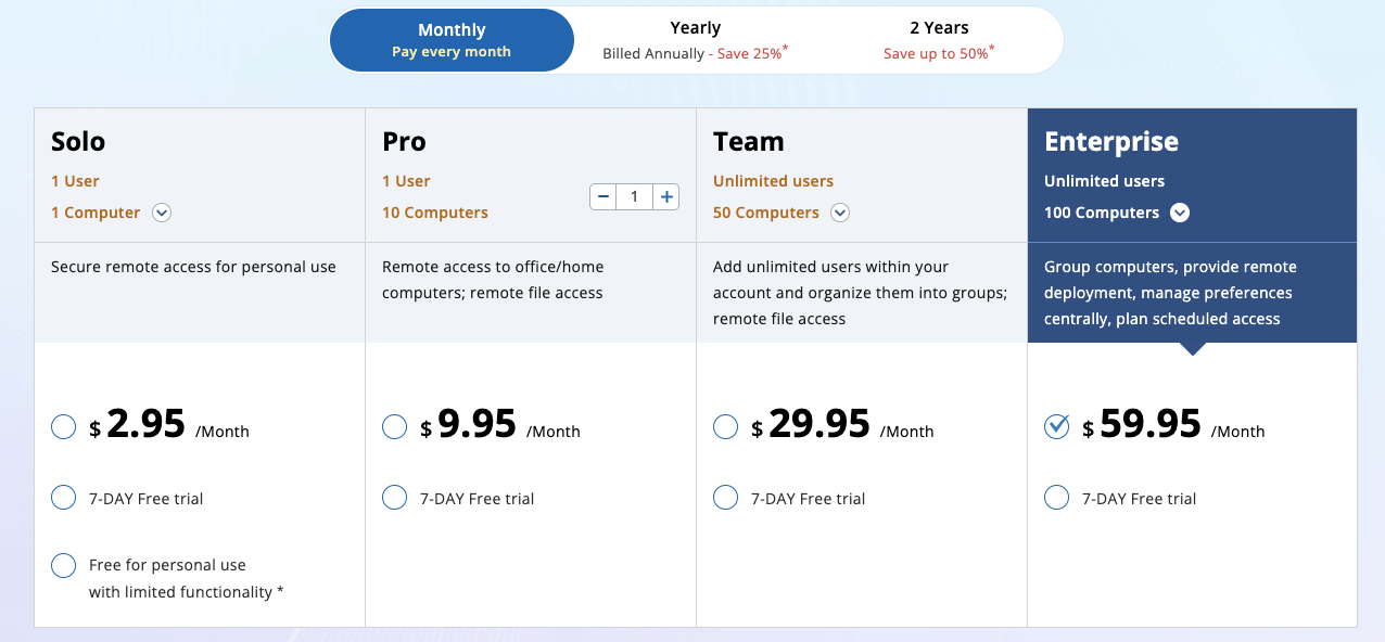 RemotePC pricing plans vs. Atera A screenshot of RemotePC's pricing plans compared
