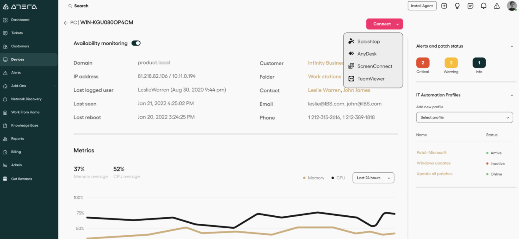 A screenshot from Atera's devices page