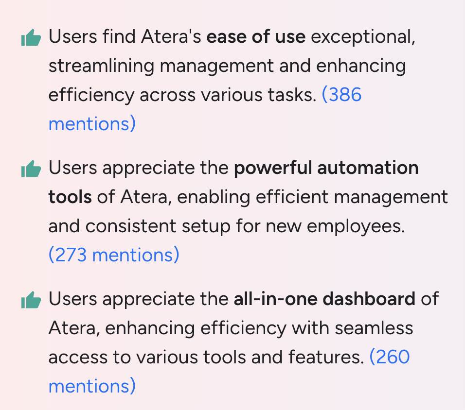 A screenshot of the three main pros of Atera on G2