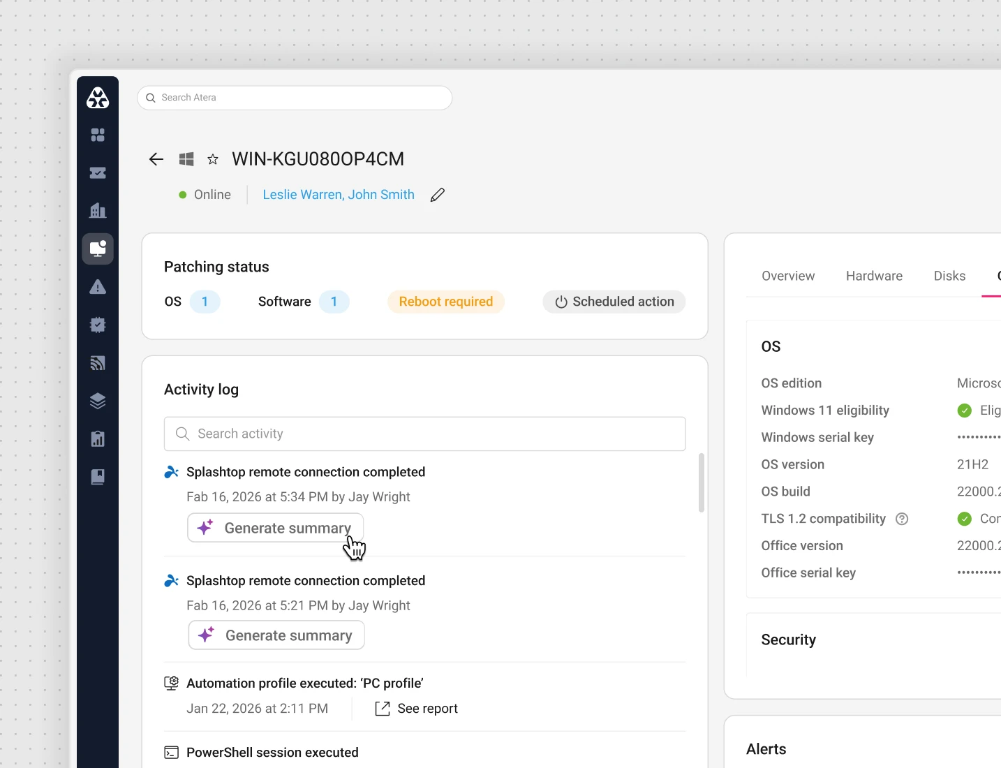 A screenshot showing Atera's remote session summary