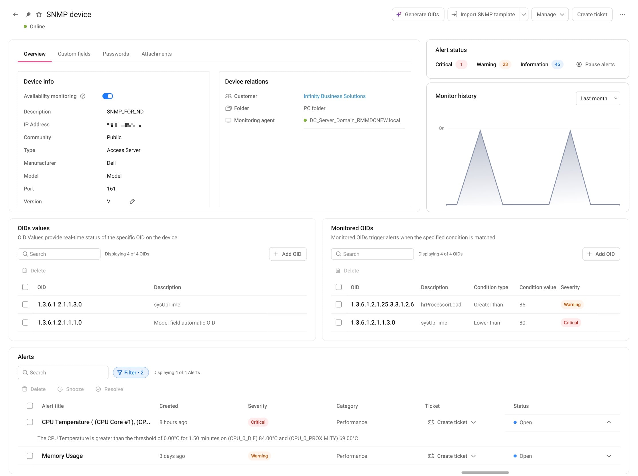 Atera SNMP monitoring device page