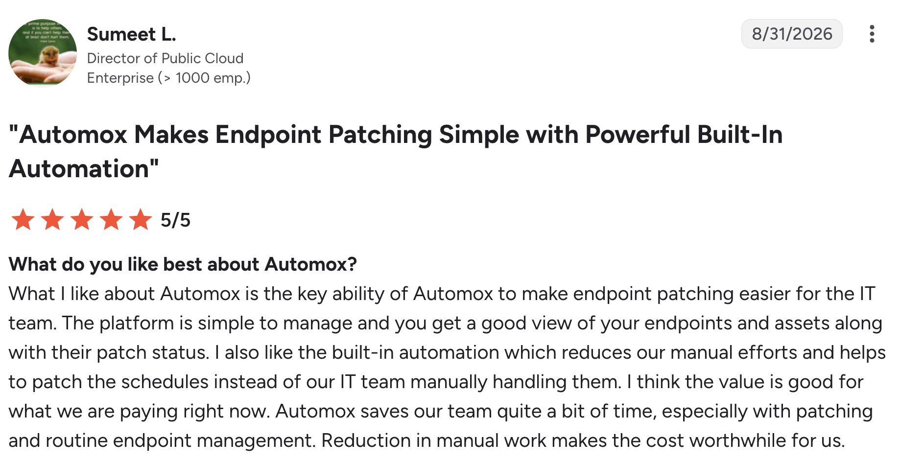 A screenshot of Automox user review on G2
