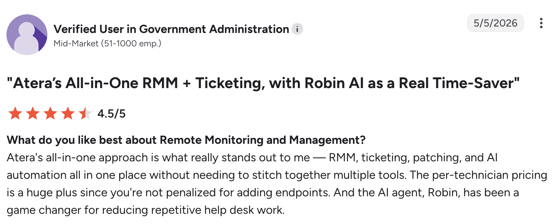 A screenshot of G2 review from Atera user