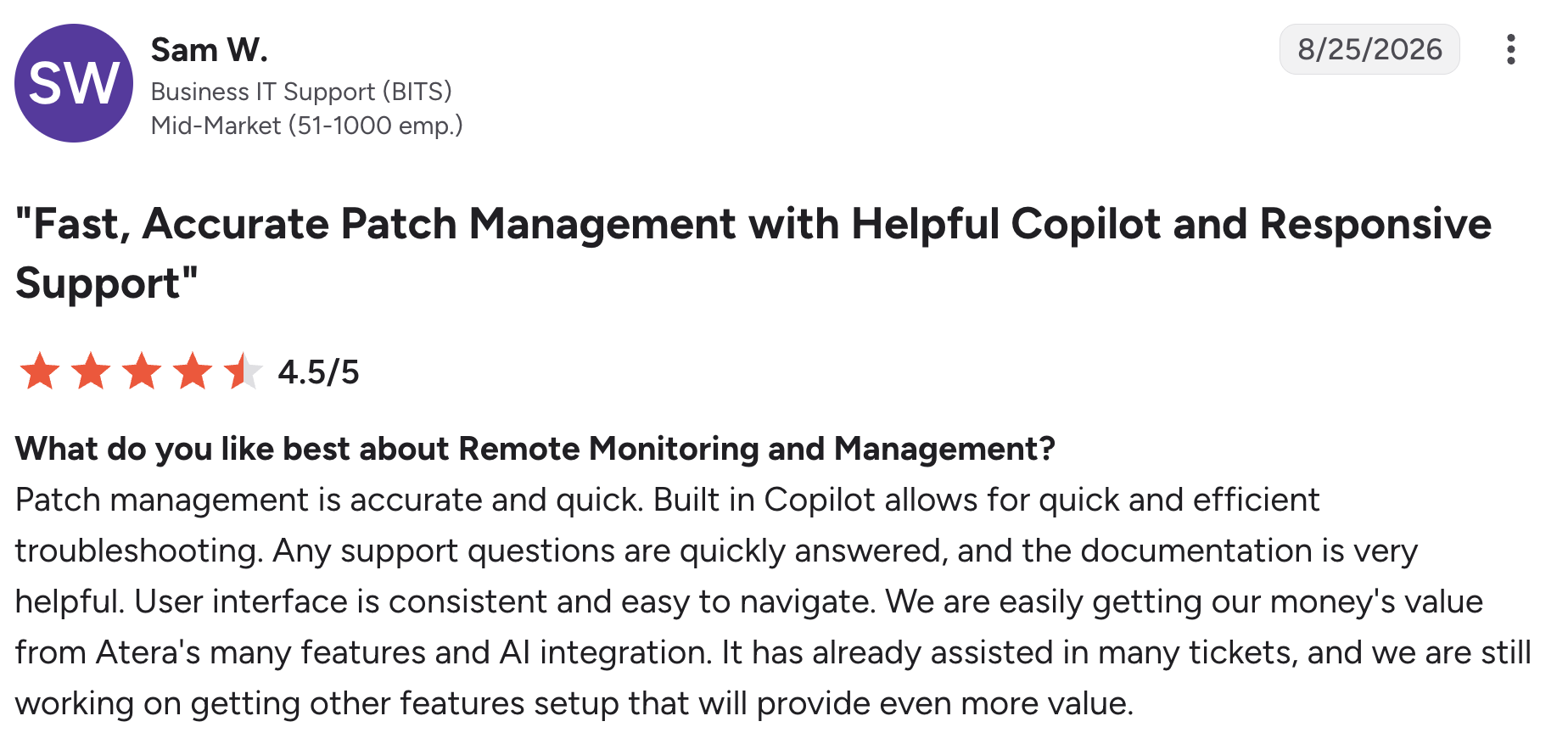 A screenshot of G2 review from Atera user