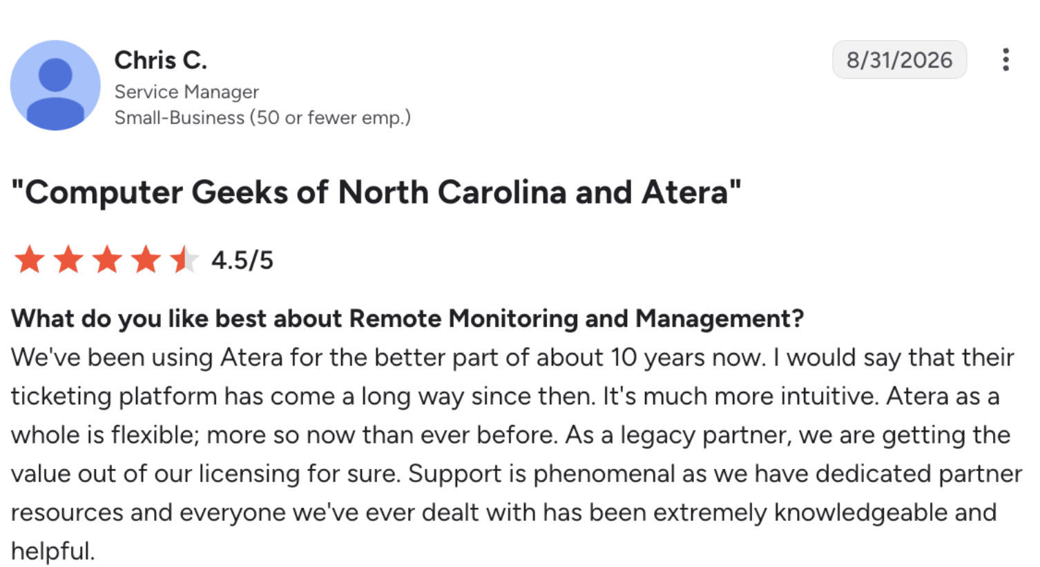 A screenshot of Atera's user review on G2
