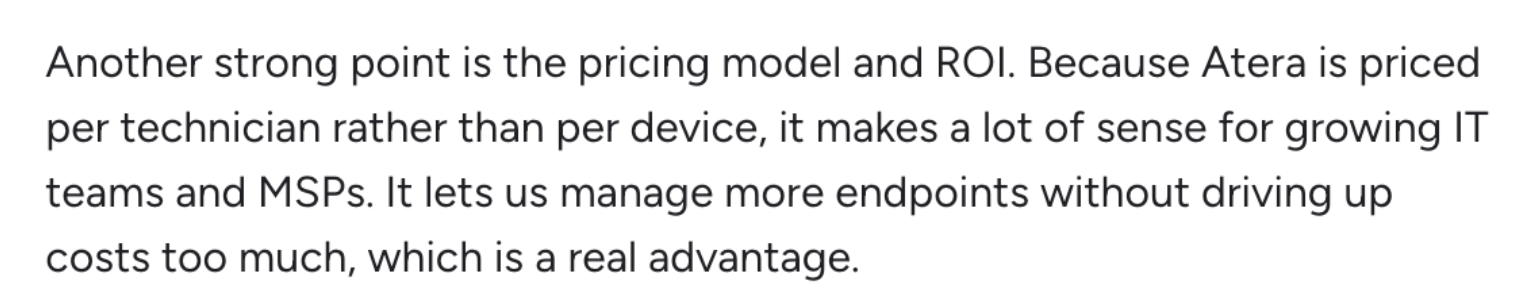 A screenshot of Atera's G2 review on its pricing